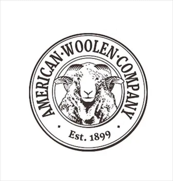 Vintage logo of American Woolen Company featuring a sheep and established date.