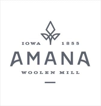Logo of Amana Woolen Mill, established in Iowa in 1885.