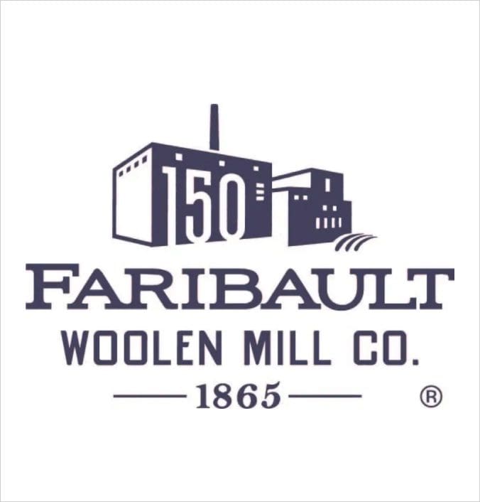 Logo of Faribault Woolen Mill Co. with a building and 150th anniversary.
