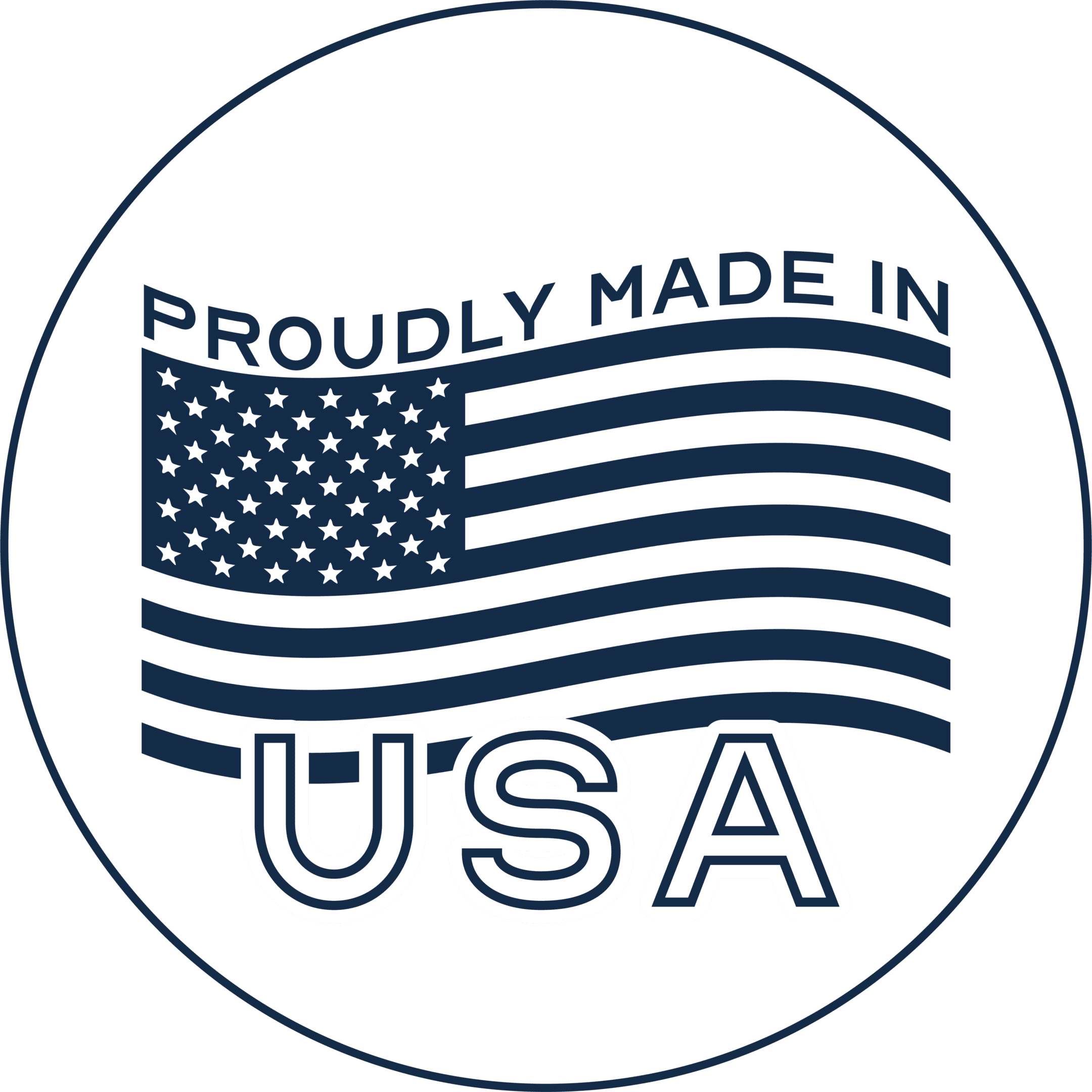 A circular 'Proudly Made in USA' emblem with a stylized flag.