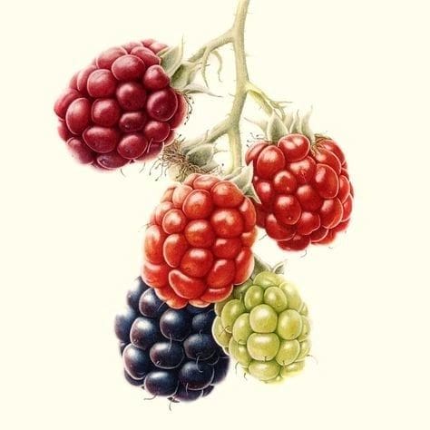 Close-up of ripe and unripe blackberries on a branch.