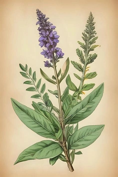 Illustration of a flowering plant with purple blossoms and green leaves.