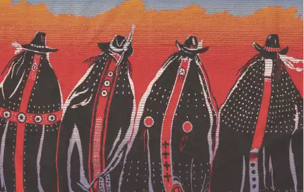 Abstract art depicting four black and red robed figures against an orange background.