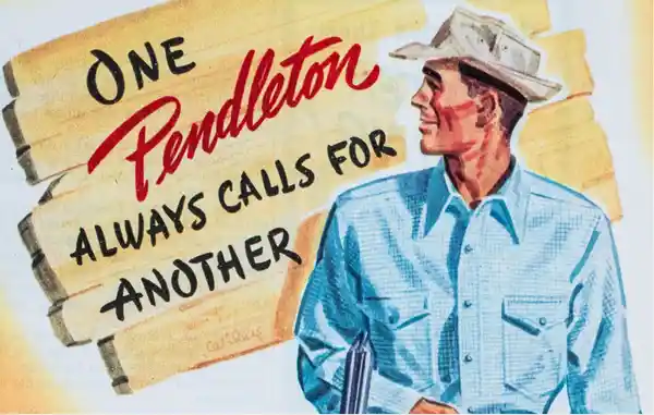 Vintage advertisement featuring a man in a blue shirt and hat with Pendleton branding.