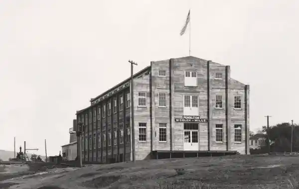 Historic black and white photo of a large, multi-story brick building with a flagpole.