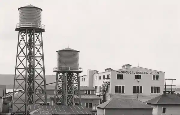 Two elevated water tanks on metal structures behind industrial buildings.