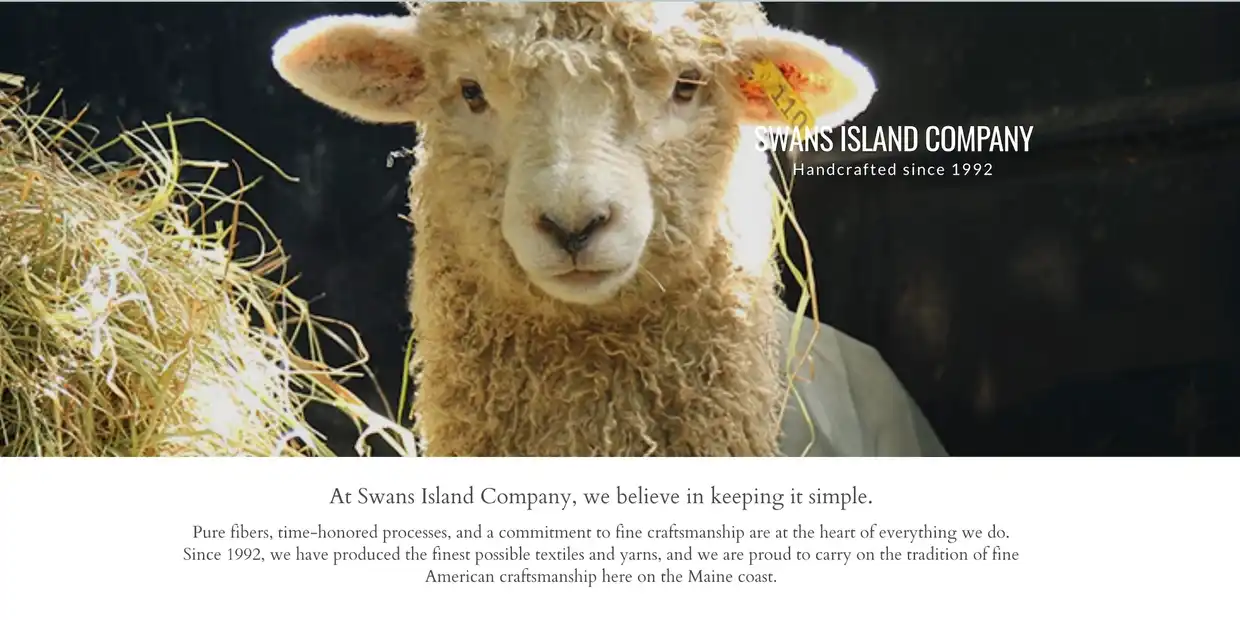 A close-up of a sheep with text about Sevastos Island Company wool products.
