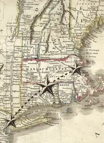Vintage map of Massachusetts and surrounding areas with compass roses.