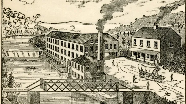 Vintage illustration of an industrial factory with workers and smoke.