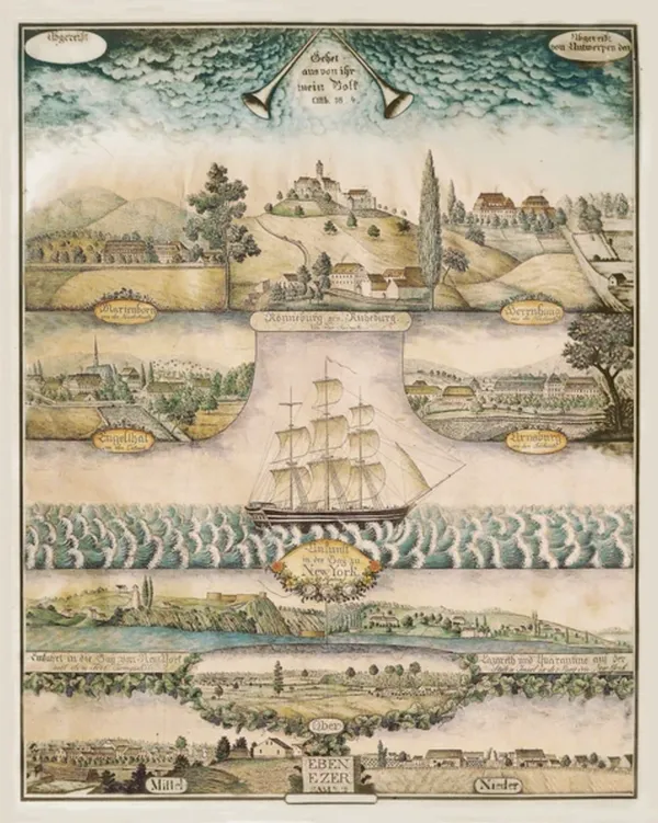 Historical map depicting a coastal settlement with ships and fortifications.