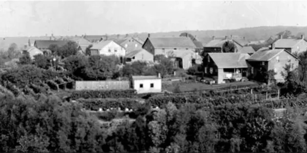 Black and white photo of a rural village with houses and trees.