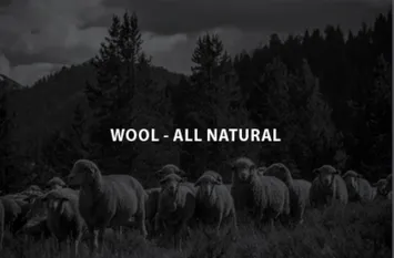 Sheep grazing in a natural setting with 'WOOL - ALL NATURAL' text overlay.
