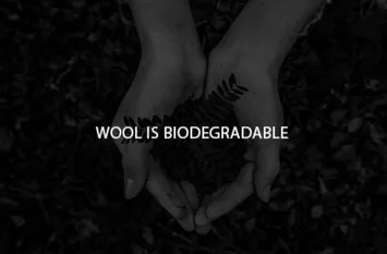Hands cupping soil with text 'Wool is biodegradable'.