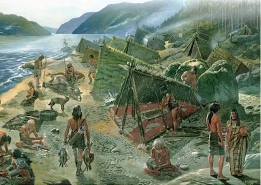 Early humans building shelters in a prehistoric village.