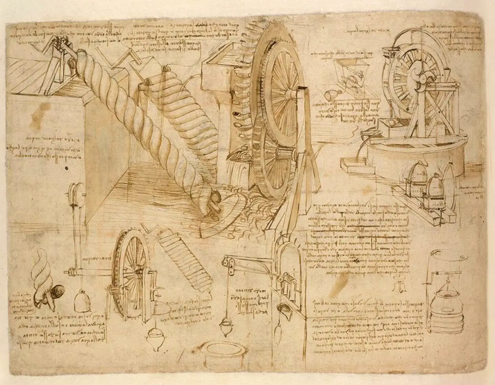 Sketches of mechanical inventions and engineering designs on parchment.
