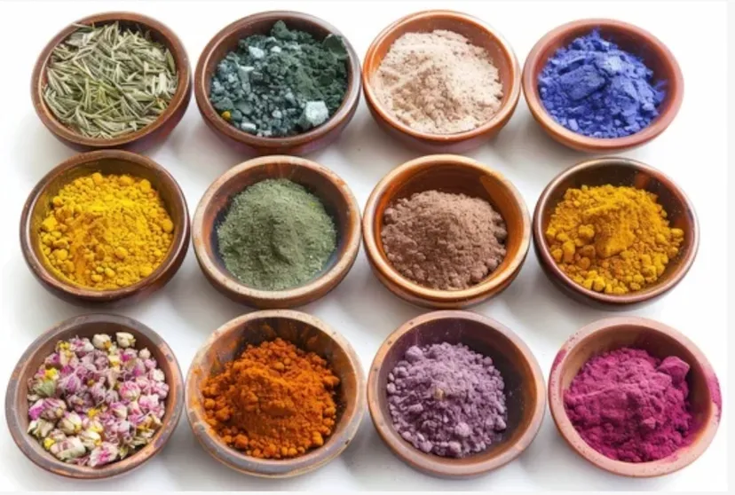 Various colorful powdered pigments in small bowls arranged neatly.