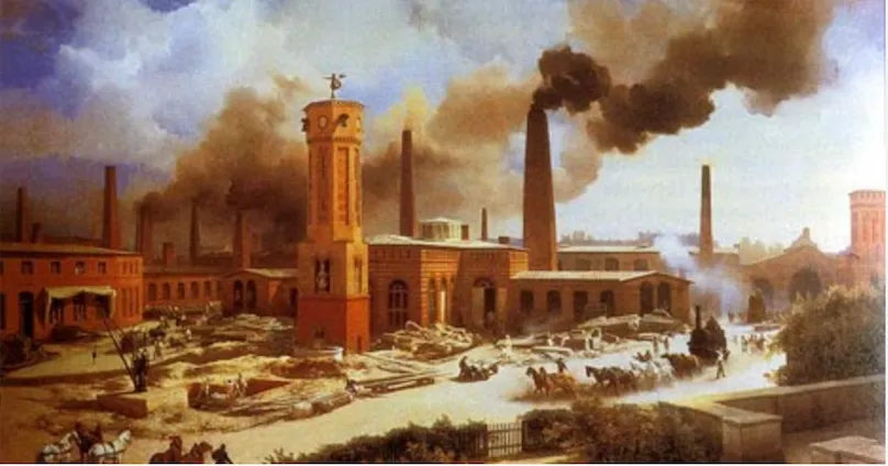 An industrial factory with smokestacks emitting thick smoke during the industrial revolution.