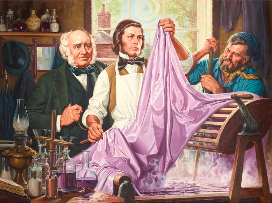 Scientists in a vintage lab examining a pink cloth with curiosity.