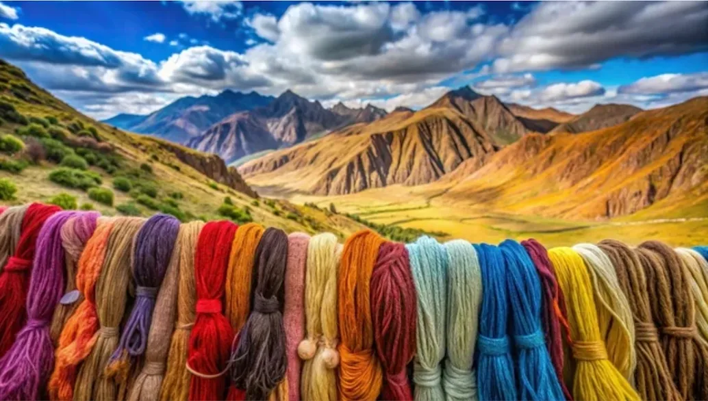 Colorful yarns displayed with a mountainous landscape in the background.